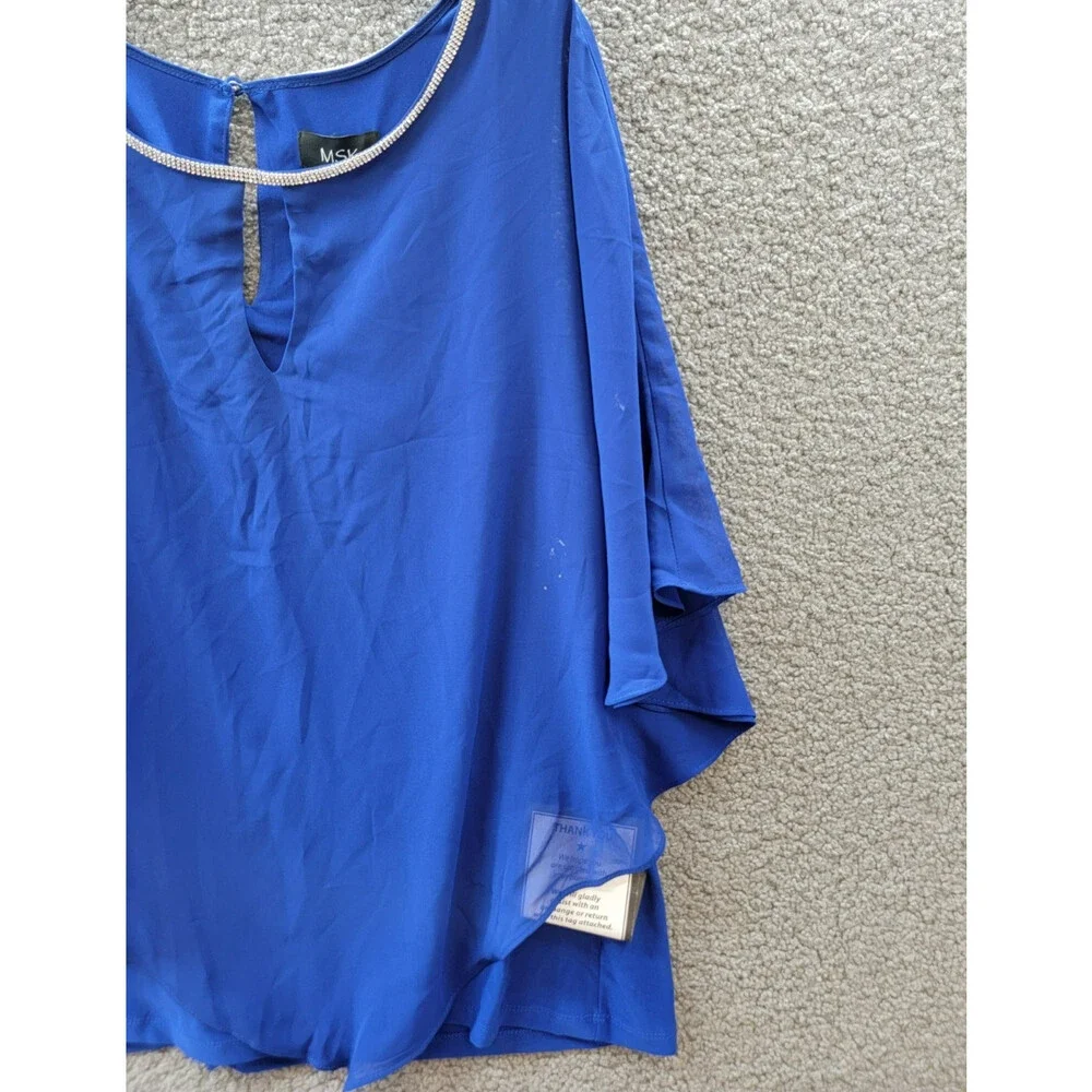 MSK Embellished Overlay Top Women's XL Goddess Blue Solid Scoop Neck Button Back - Picture 6 of 14